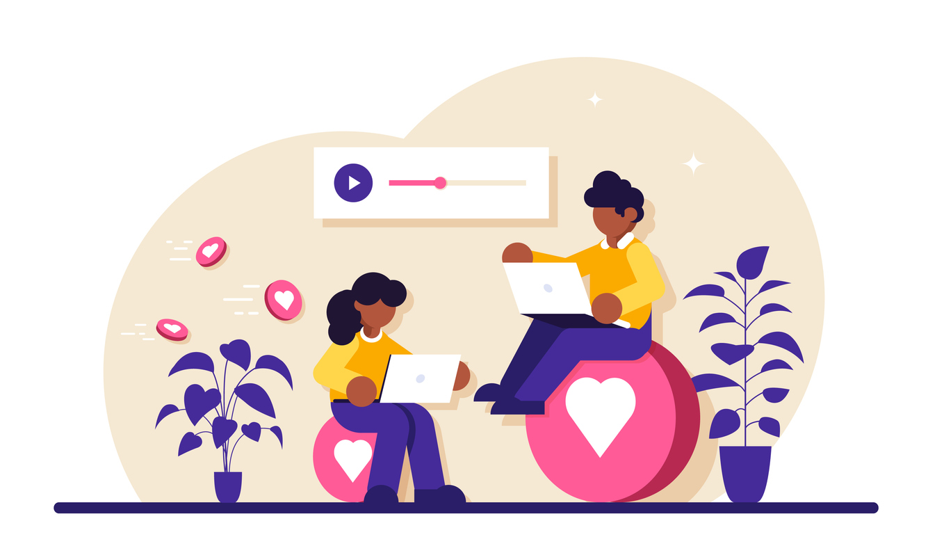 Online communication concept. A man and a woman communicate through social messengers, evaluate each other is content and photos. Modern flat illustration